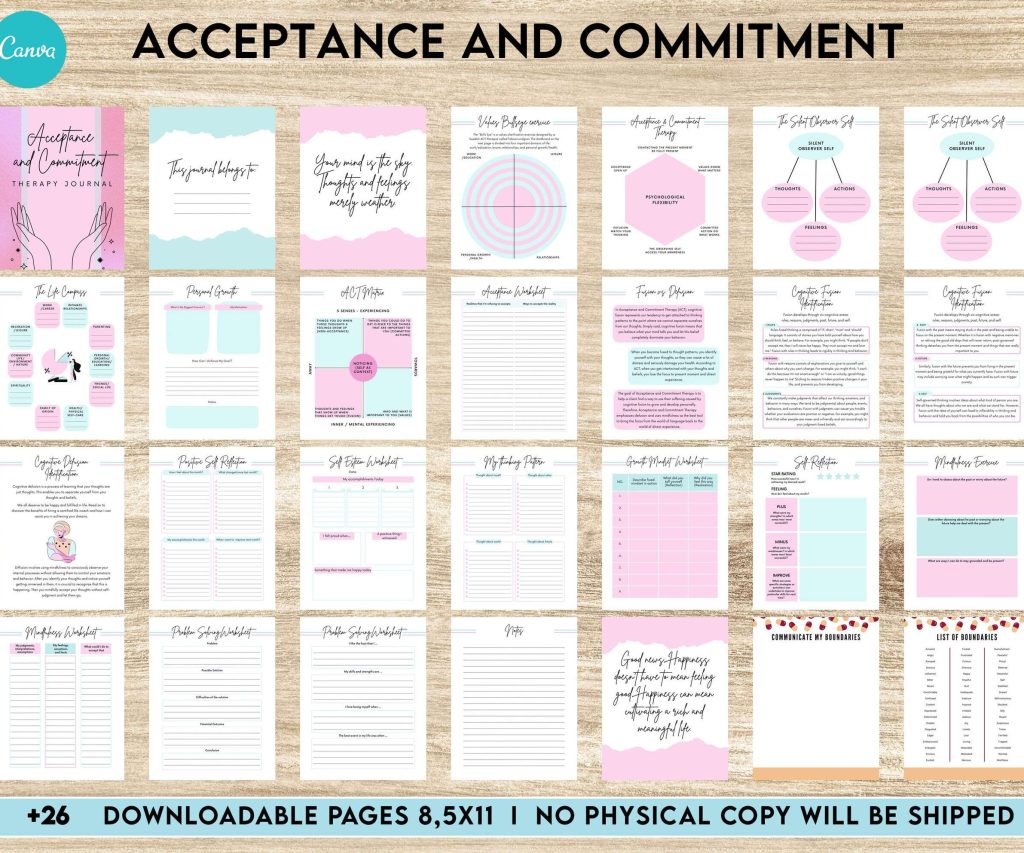 Acceptance and Commitment, therapy journal , self discovery, self esteem, Canva Editable Templates 8,5×11 inch, KDP interior