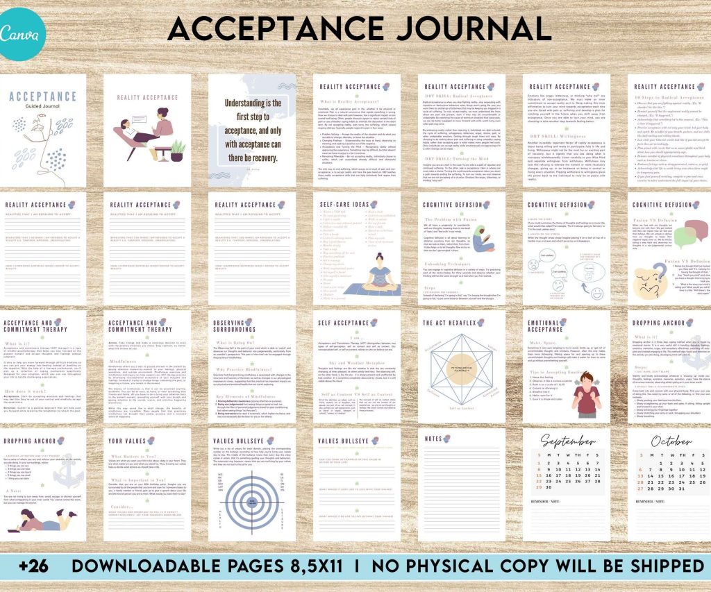 Acceptance Journal, therapy journal, Self care journal, self care planner, mindfulness, self love journal,wellness journal Canva Editable Templates 8,5×11 inch, KDP interior