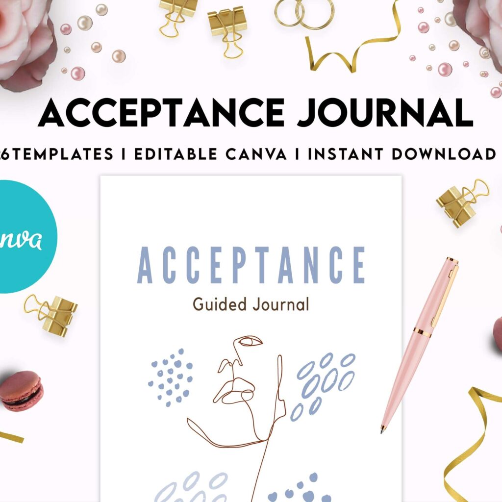 Acceptance Journal, therapy journal, Self care journal, self care planner, mindfulness, self love journal,wellness journal Canva Editable Templates 8,5×11 inch, KDP interior