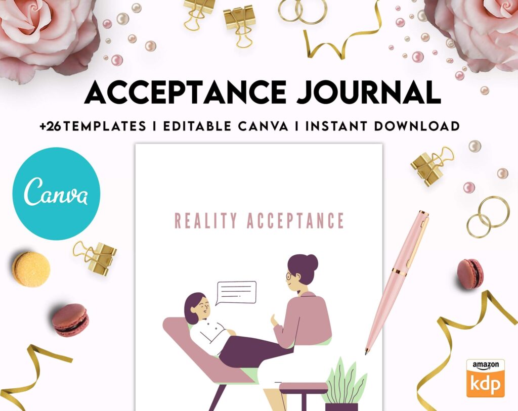 Acceptance Journal, therapy journal, Self care journal, self care planner, mindfulness, self love journal,wellness journal Canva Editable Templates 8,5×11 inch, KDP interior