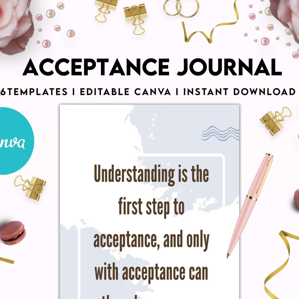 Acceptance Journal, therapy journal, Self care journal, self care planner, mindfulness, self love journal,wellness journal Canva Editable Templates 8,5×11 inch, KDP interior
