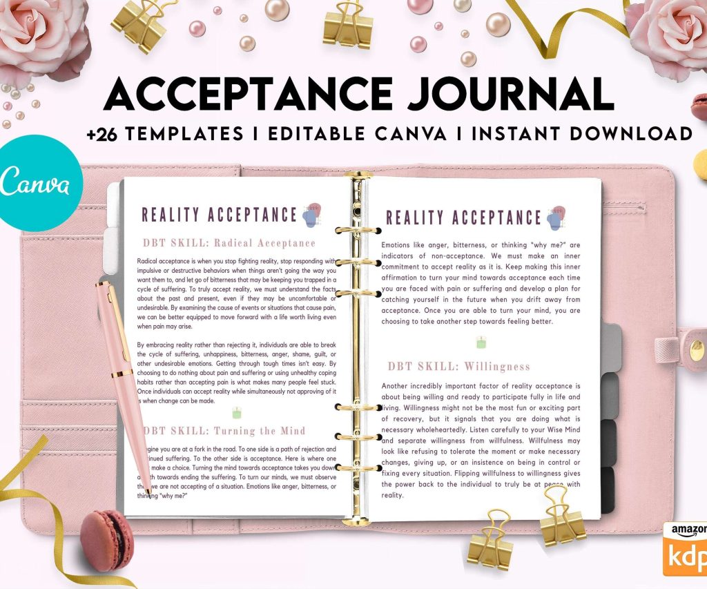 Acceptance Journal, therapy journal, Self care journal, self care planner, mindfulness, self love journal,wellness journal Canva Editable Templates 8,5×11 inch, KDP interior