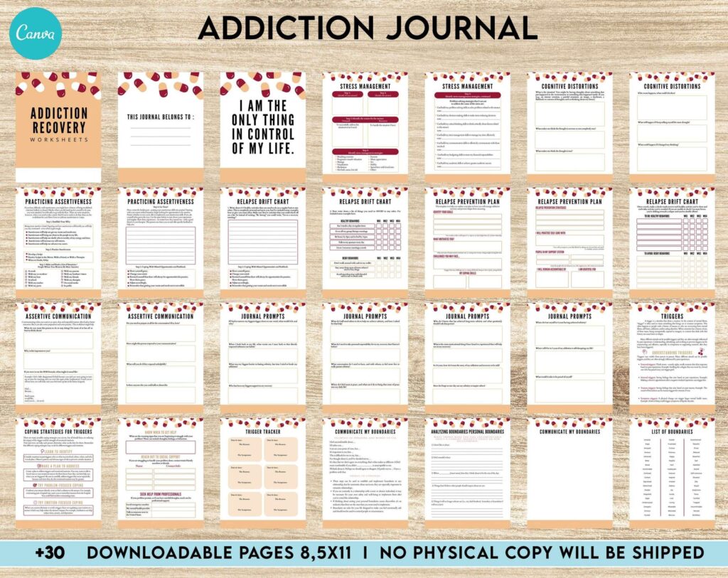 Addiction Journal, Addiction recovery therapy journal, Self care journal, self care planner, mindfulness, self love journal,wellness journal Canva Editable Templates 8,5×11 inch, KDP interior