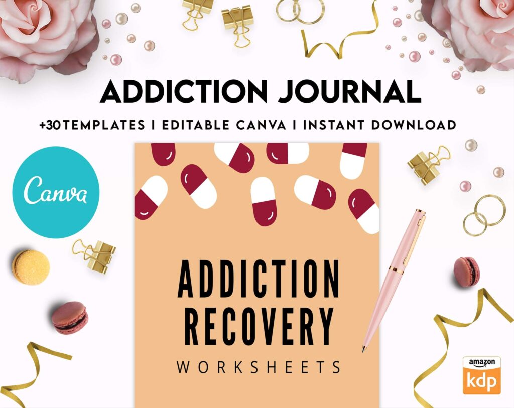 Addiction Journal, Addiction recovery therapy journal, Self care journal, self care planner, mindfulness, self love journal,wellness journal Canva Editable Templates 8,5×11 inch, KDP interior