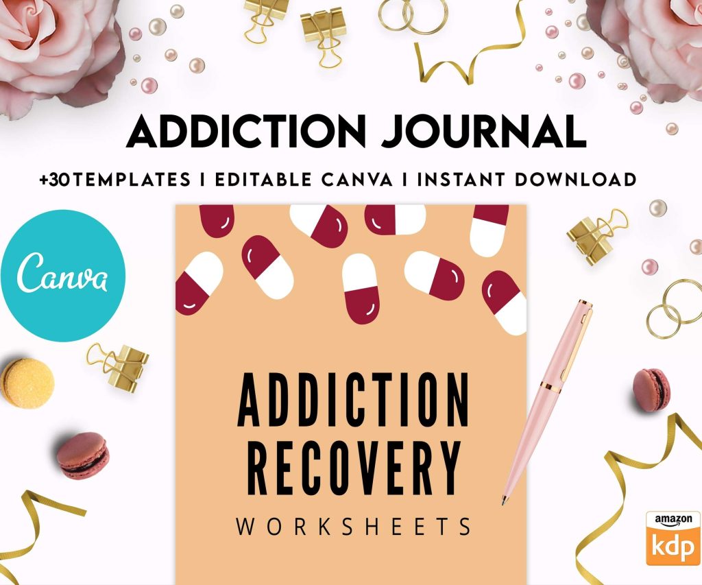 Addiction Journal, Addiction recovery therapy journal, Self care journal, self care planner, mindfulness, self love journal,wellness journal Canva Editable Templates 8,5×11 inch, KDP interior