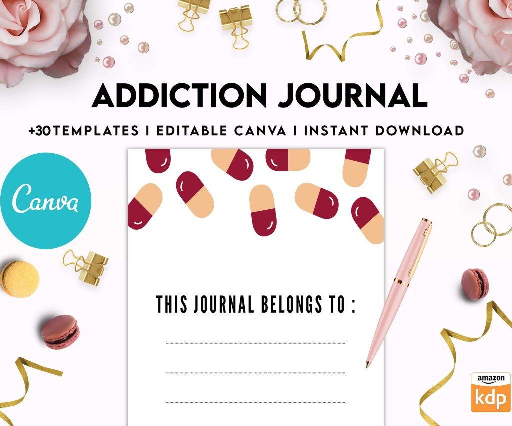 Addiction Journal, Addiction recovery therapy journal, Self care journal, self care planner, mindfulness, self love journal,wellness journal Canva Editable Templates 8,5×11 inch, KDP interior