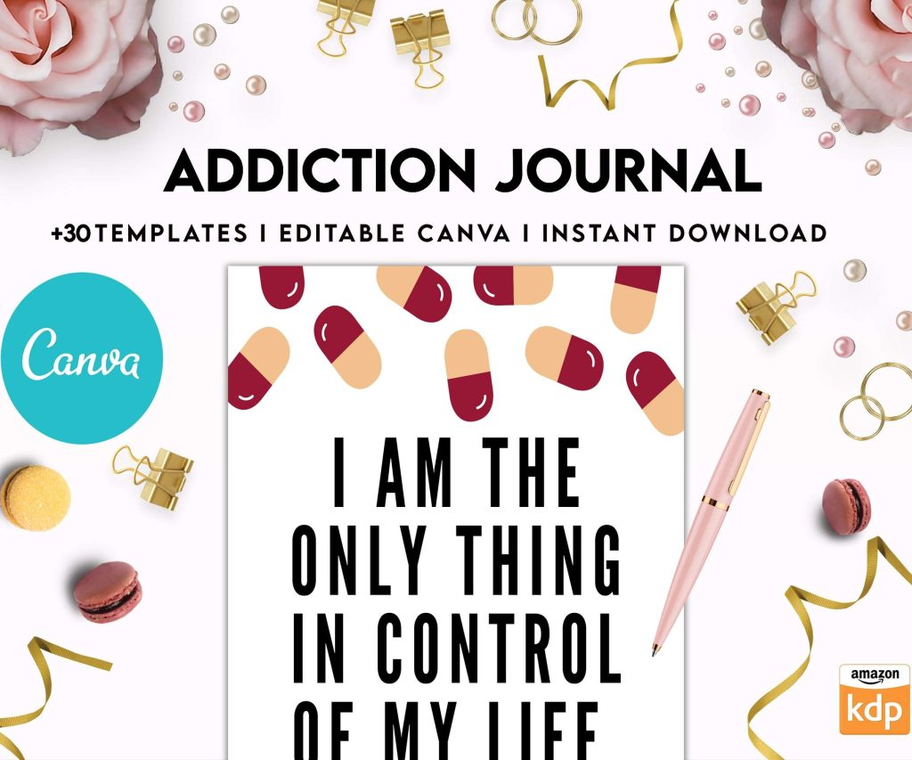 Addiction Journal, Addiction recovery therapy journal, Self care journal, self care planner, mindfulness, self love journal,wellness journal Canva Editable Templates 8,5×11 inch, KDP interior