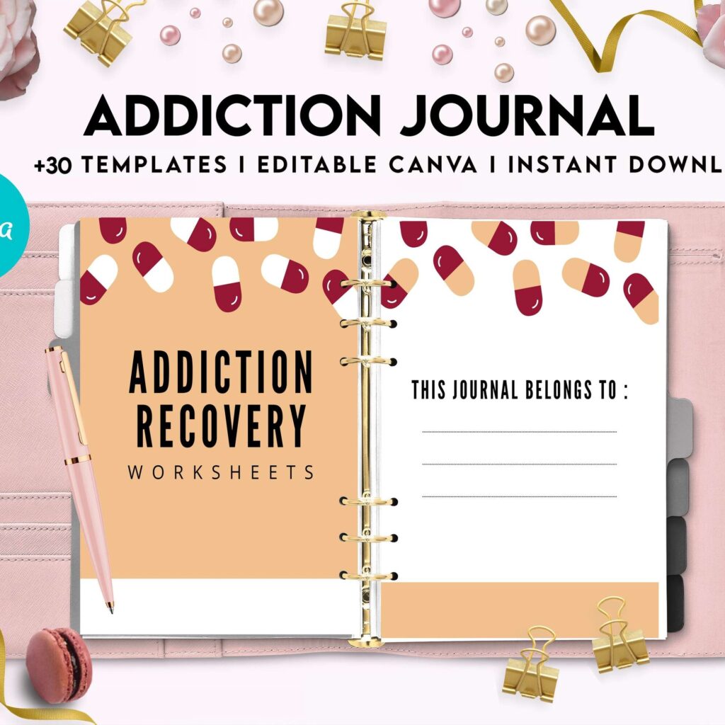 Addiction Journal, Addiction recovery therapy journal, Self care journal, self care planner, mindfulness, self love journal,wellness journal Canva Editable Templates 8,5×11 inch, KDP interior