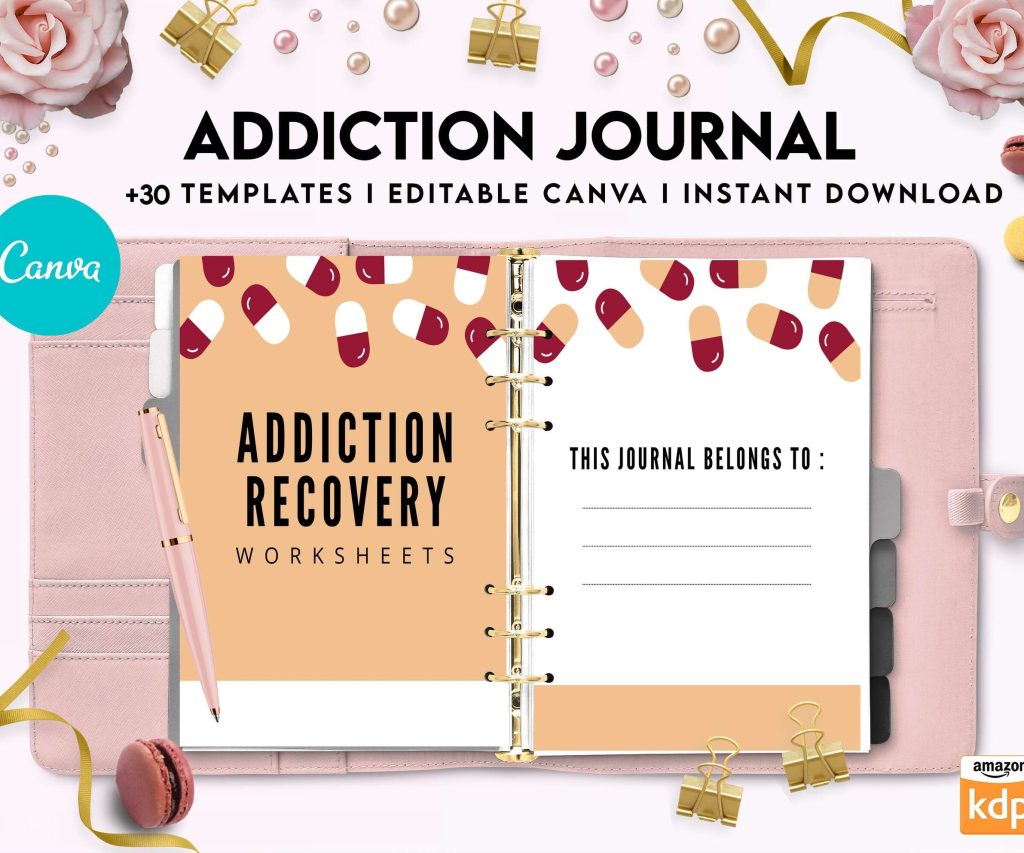 Addiction Journal, Addiction recovery therapy journal, Self care journal, self care planner, mindfulness, self love journal,wellness journal Canva Editable Templates 8,5×11 inch, KDP interior