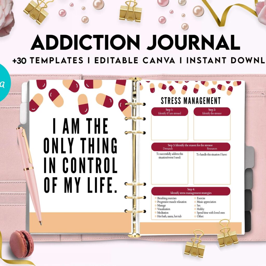 Addiction Journal, Addiction recovery therapy journal, Self care journal, self care planner, mindfulness, self love journal,wellness journal Canva Editable Templates 8,5×11 inch, KDP interior