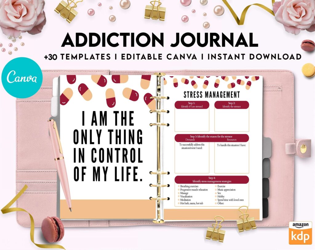 Addiction Journal, Addiction recovery therapy journal, Self care journal, self care planner, mindfulness, self love journal,wellness journal Canva Editable Templates 8,5×11 inch, KDP interior