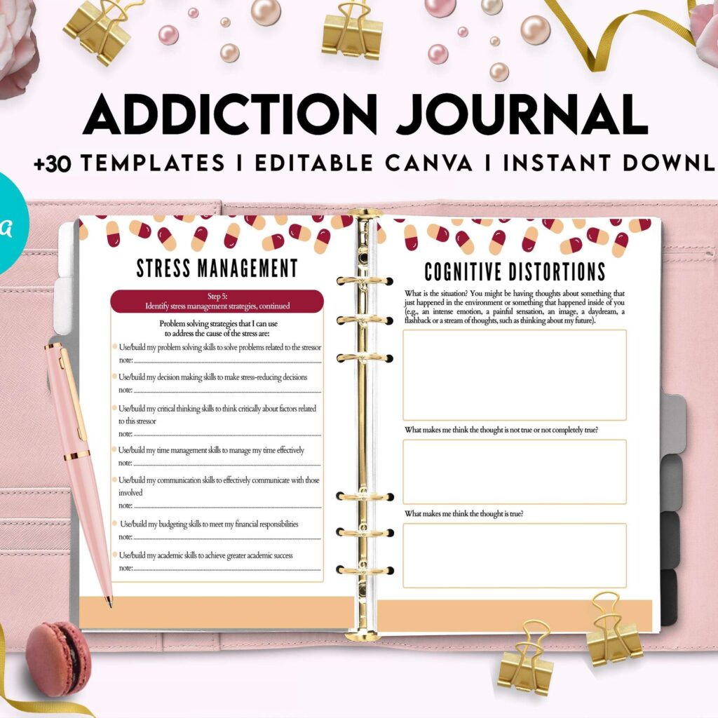 Addiction Journal, Addiction recovery therapy journal, Self care journal, self care planner, mindfulness, self love journal,wellness journal Canva Editable Templates 8,5×11 inch, KDP interior