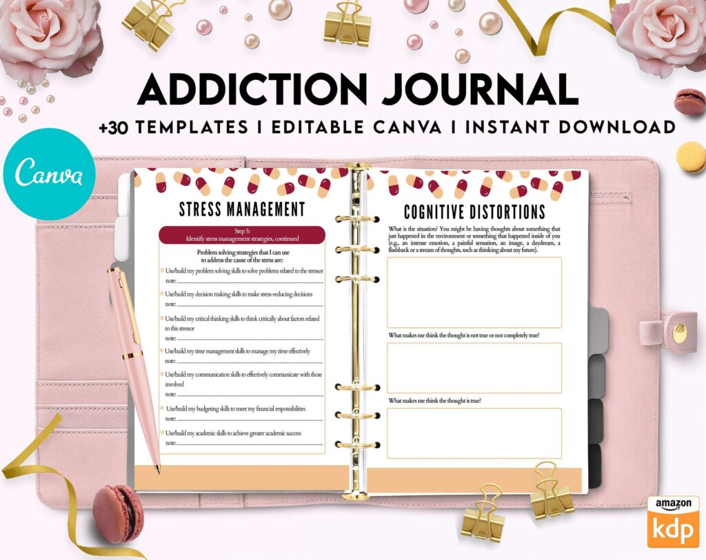 Addiction Journal, Addiction recovery therapy journal, Self care journal, self care planner, mindfulness, self love journal,wellness journal Canva Editable Templates 8,5×11 inch, KDP interior