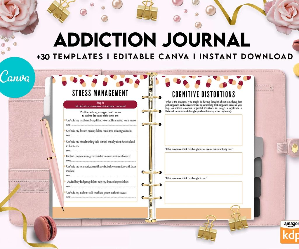 Addiction Journal, Addiction recovery therapy journal, Self care journal, self care planner, mindfulness, self love journal,wellness journal Canva Editable Templates 8,5×11 inch, KDP interior