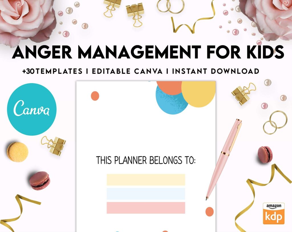 Anger Management for Kids, kids therapy journal, kids Self care journal, kids mindfulness, kids self love journal,kids wellness journal Canva Editable Templates 8,5×11 inch, KDP interior