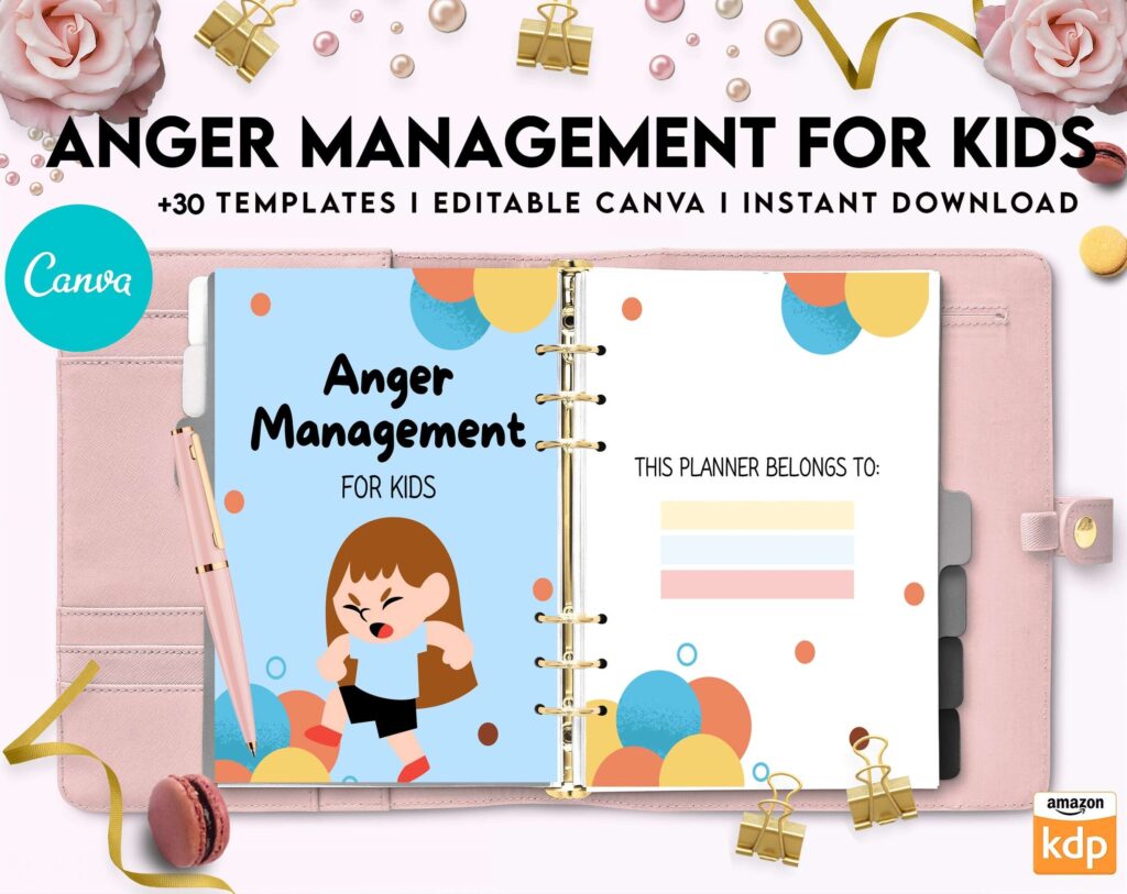 Anger Management for Kids, kids therapy journal, kids Self care journal, kids mindfulness, kids self love journal,kids wellness journal Canva Editable Templates 8,5×11 inch, KDP interior