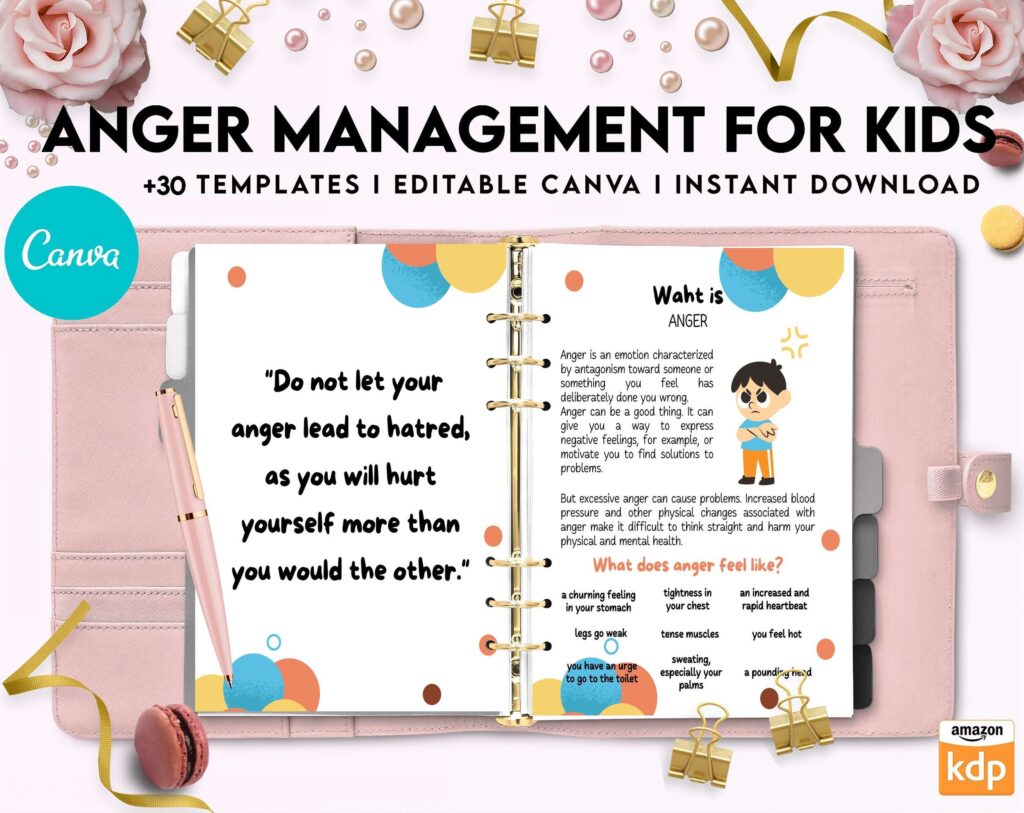 Anger Management for Kids, kids therapy journal, kids Self care journal, kids mindfulness, kids self love journal,kids wellness journal Canva Editable Templates 8,5×11 inch, KDP interior