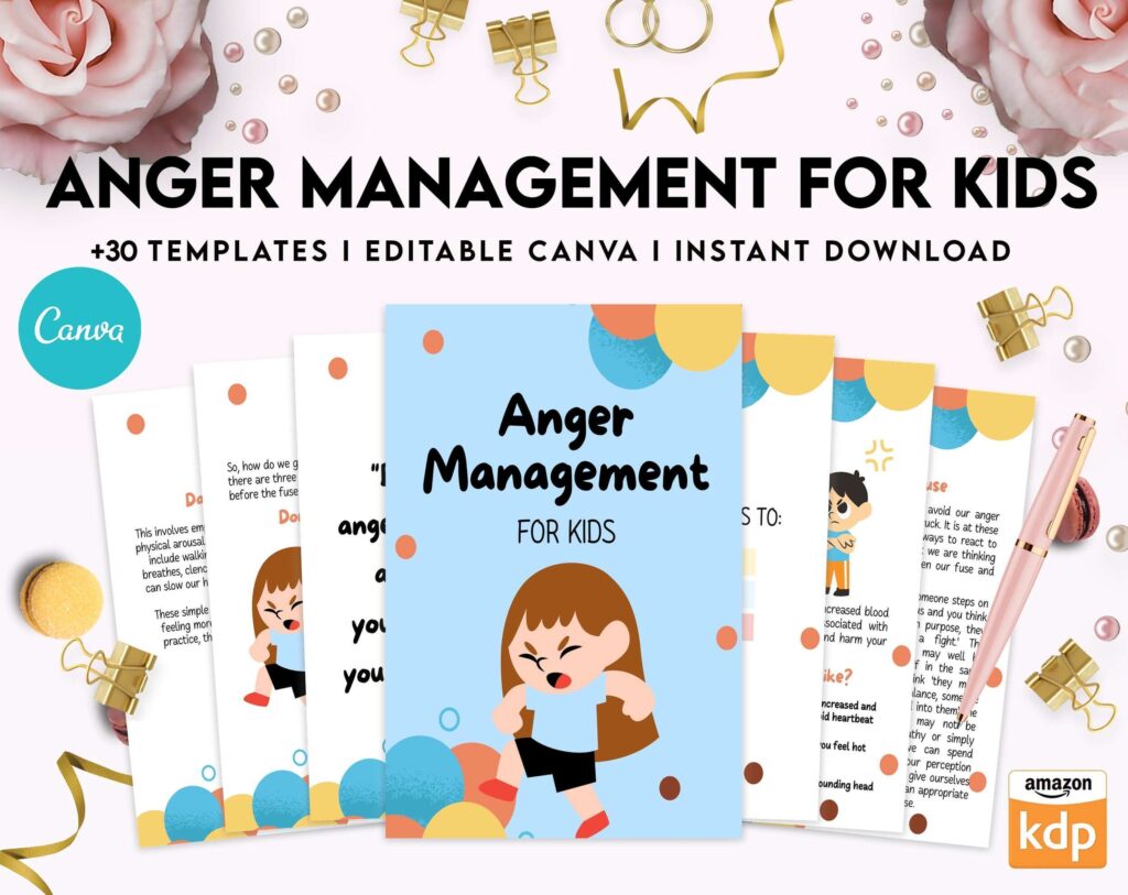 Anger Management for Kids, kids therapy journal, kids Self care journal, kids mindfulness, kids self love journal,kids wellness journal Canva Editable Templates 8,5×11 inch, KDP interior