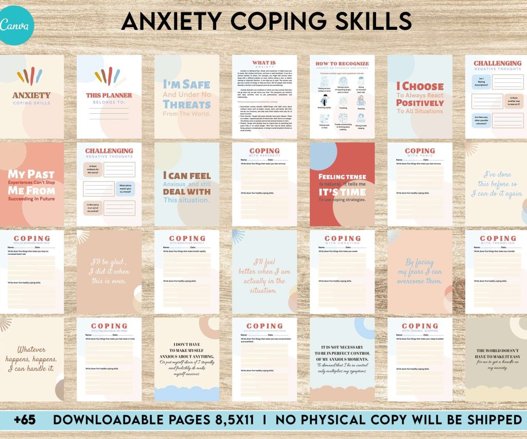 Anxiety Coping Skills, anxiety therapy journal, Self care journal, mindfulness, self love journal, wellness journal Canva Editable Templates 8,5×11 inch, KDP interior