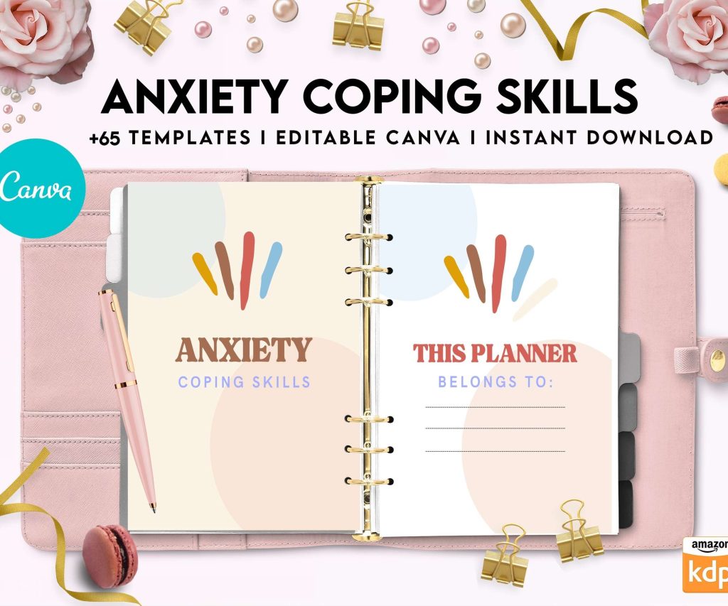 Anxiety Coping Skills, anxiety therapy journal, Self care journal, mindfulness, self love journal, wellness journal Canva Editable Templates 8,5×11 inch, KDP interior