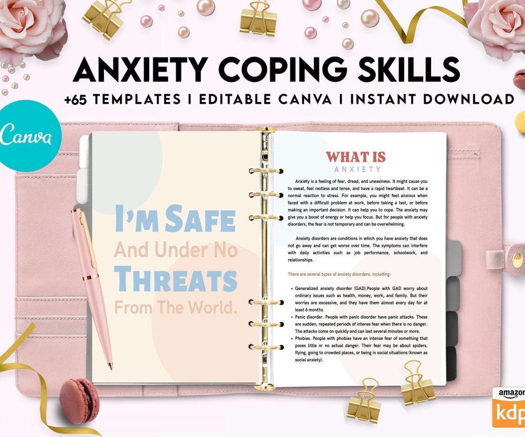 Anxiety Coping Skills, anxiety therapy journal, Self care journal, mindfulness, self love journal, wellness journal Canva Editable Templates 8,5×11 inch, KDP interior