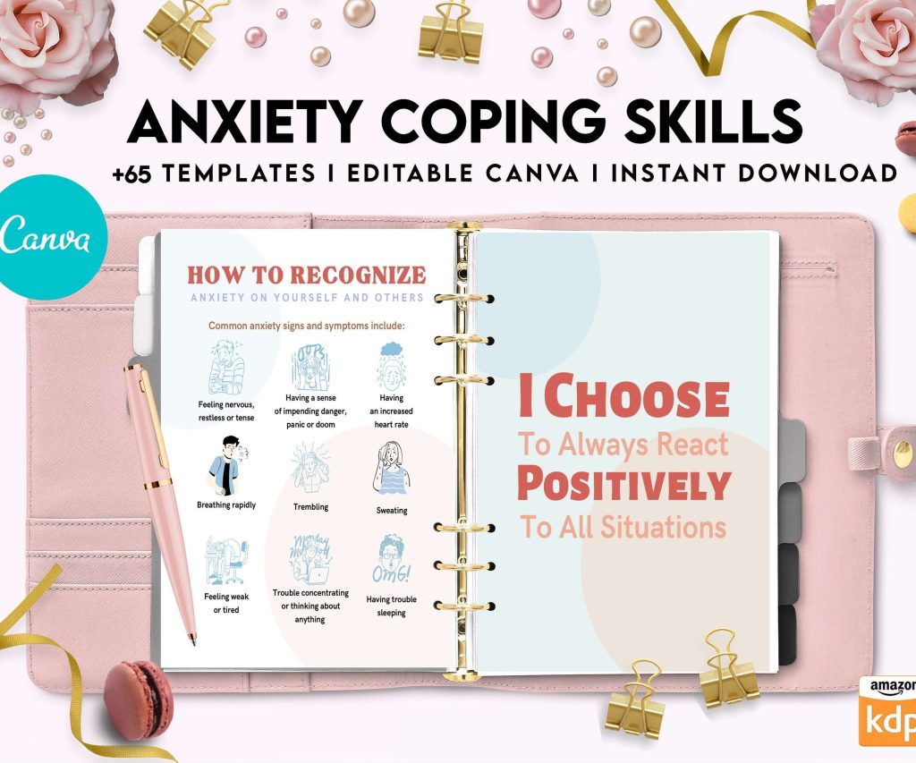 Anxiety Coping Skills, anxiety therapy journal, Self care journal, mindfulness, self love journal, wellness journal Canva Editable Templates 8,5×11 inch, KDP interior