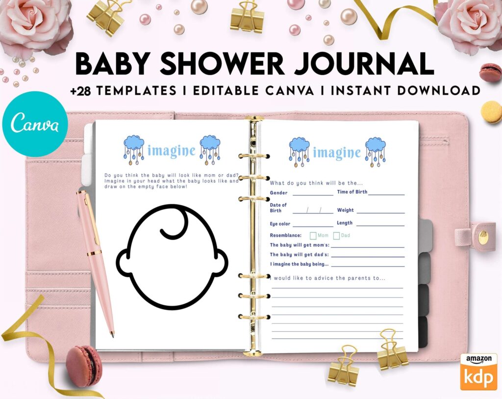 Baby Shower Journal, anxiety therapy journal, Self care journal, mindfulness, self love journal, wellness journal Canva Editable Templates 8,5×11 inch, KDP interior