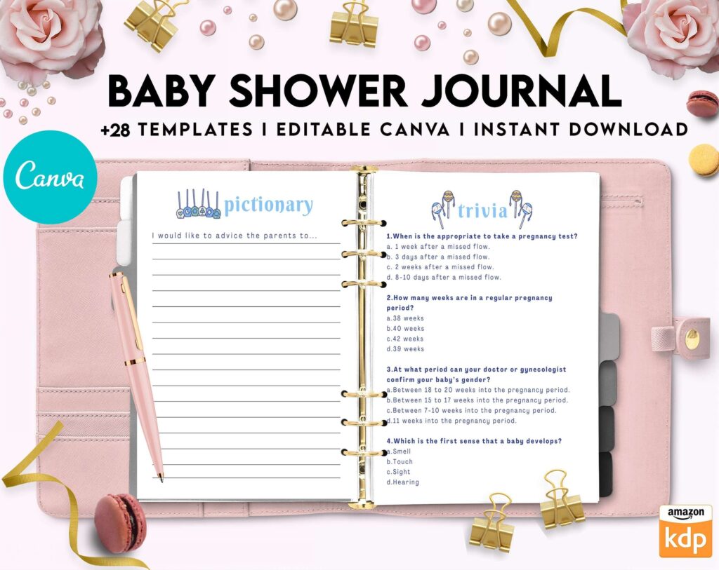 Baby Shower Journal, anxiety therapy journal, Self care journal, mindfulness, self love journal, wellness journal Canva Editable Templates 8,5×11 inch, KDP interior