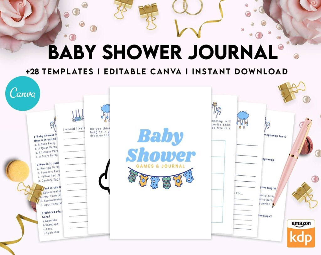 Baby Shower Journal, anxiety therapy journal, Self care journal, mindfulness, self love journal, baby shower guest book, wellness journal Canva Editable Templates 8,5×11 inch, KDP interior