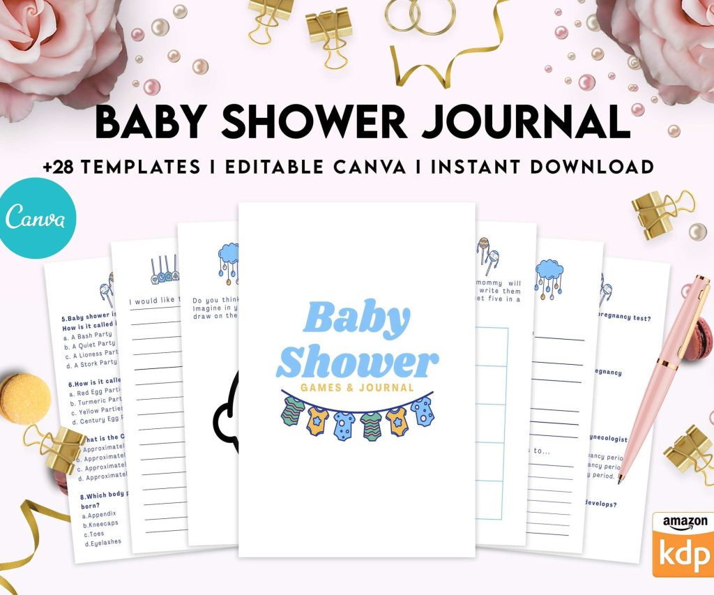 Baby Shower Journal, anxiety therapy journal, Self care journal, mindfulness, self love journal, baby shower guest book, wellness journal Canva Editable Templates 8,5×11 inch, KDP interior