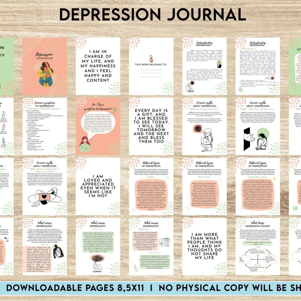 Depression Journal, Therapy journal, Mental health journal, Anxiety journal, Bipolar disorder Canva Editable Templates 8,5×11 inch, KDP interior