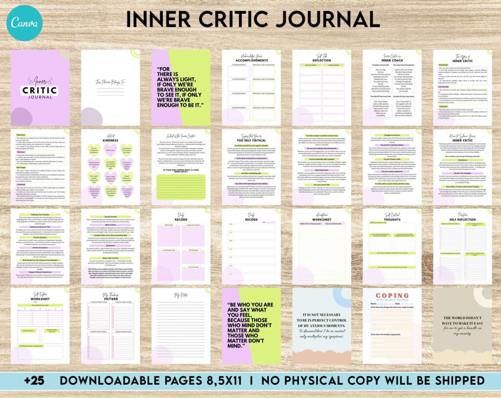 Inner Critic Journal, self discovery,self esteem, Limiting Beliefs Canva Editable Templates 8,5×11 inch, KDP interior