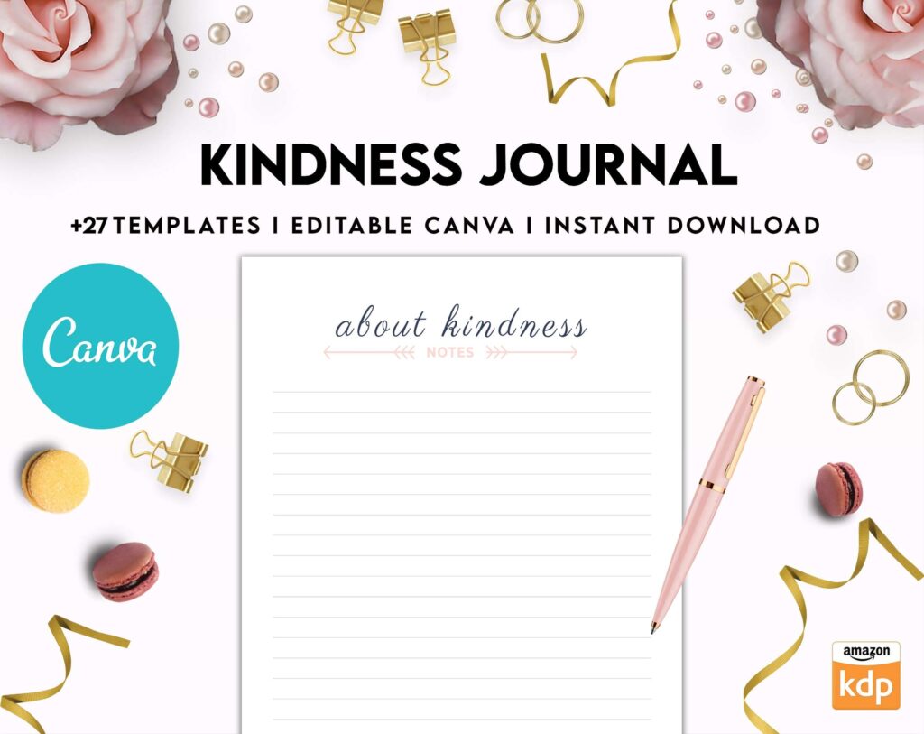 Kindness Journal, act of kindness, therapy journal , self discovery, self esteem, Canva Editable Templates 8,5×11 inch, KDP interior