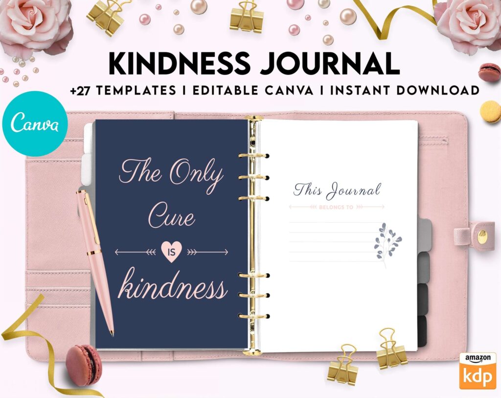 Kindness Journal, act of kindness, therapy journal , self discovery, self esteem, Canva Editable Templates 8,5×11 inch, KDP interior
