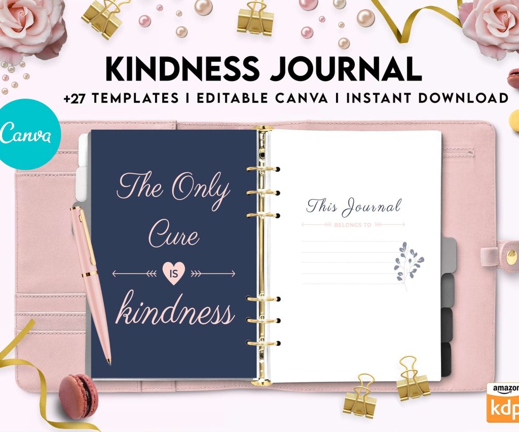 Kindness Journal, act of kindness, therapy journal , self discovery, self esteem, Canva Editable Templates 8,5×11 inch, KDP interior