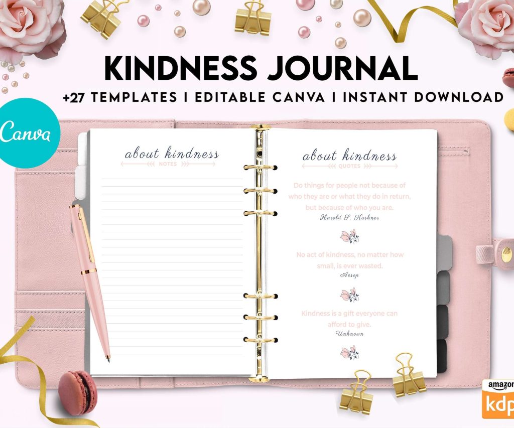 Kindness Journal, act of kindness, therapy journal , self discovery, self esteem, Canva Editable Templates 8,5×11 inch, KDP interior