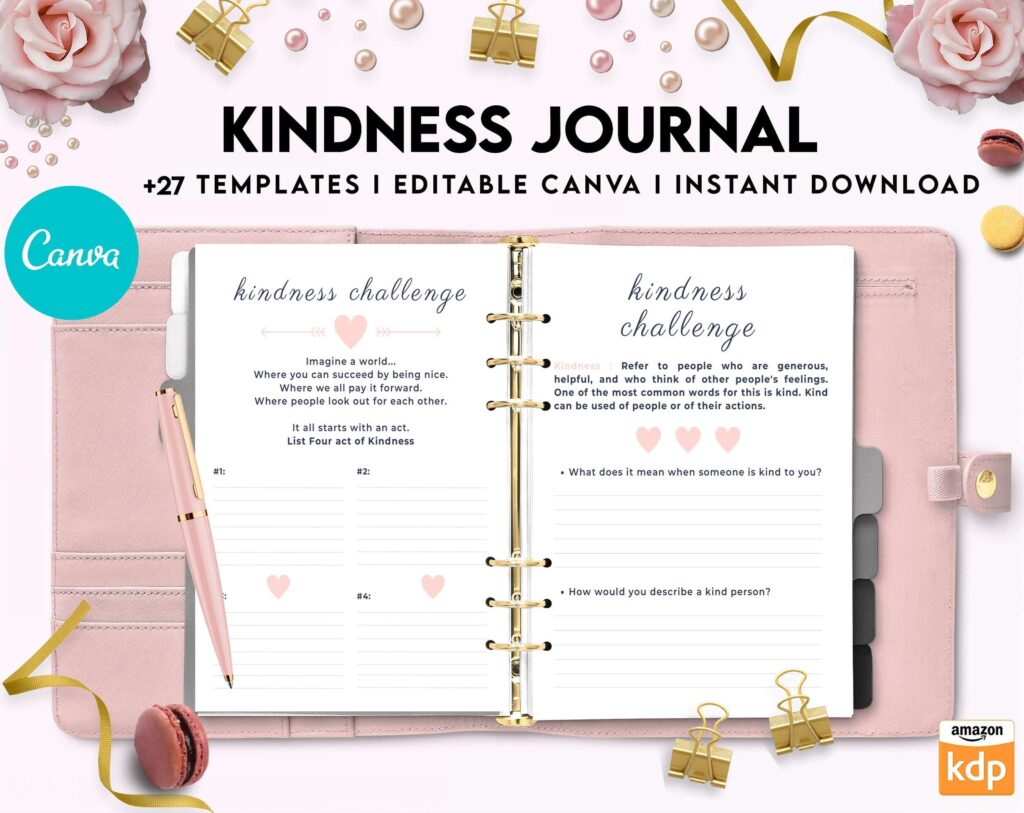 Kindness Journal, act of kindness, therapy journal , self discovery, self esteem, Canva Editable Templates 8,5×11 inch, KDP interior