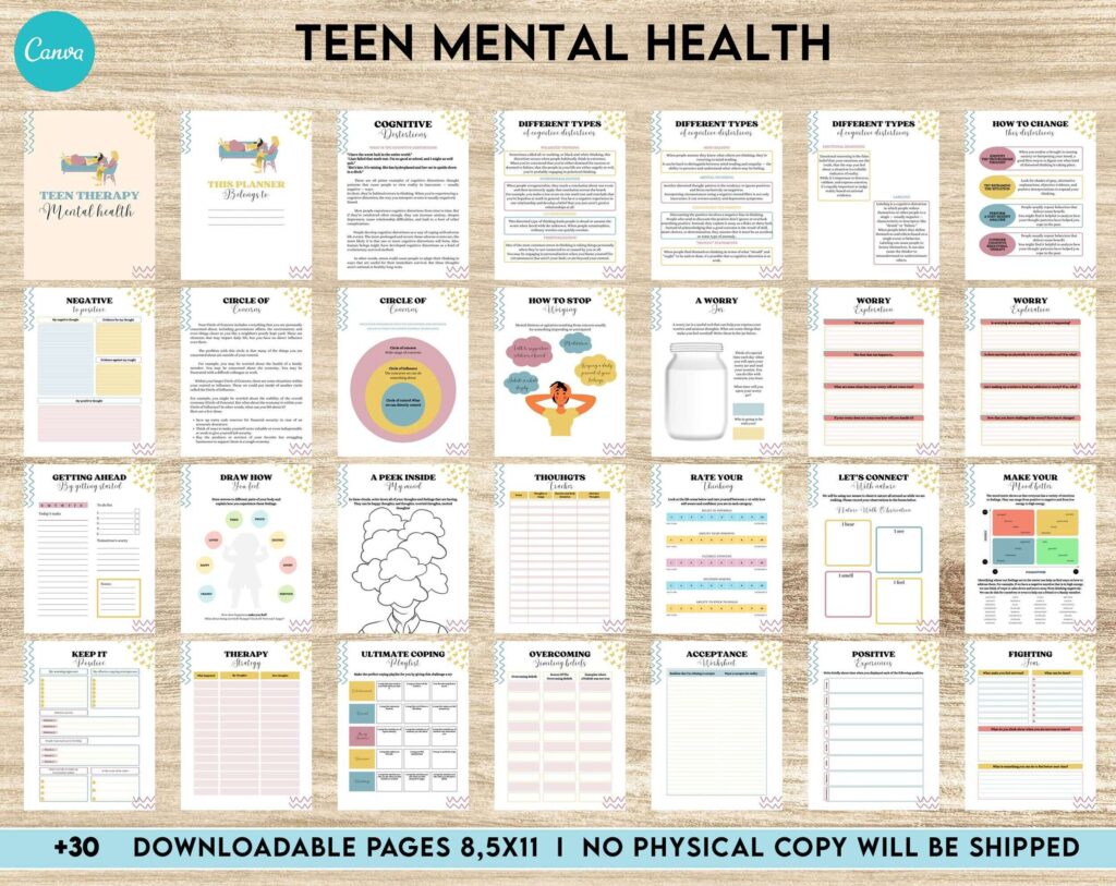Teen Mental Health, teen therapy journal , teen coping skills, teen Shadow Work, Canva Editable Templates 8,5×11 inch, KDP interior