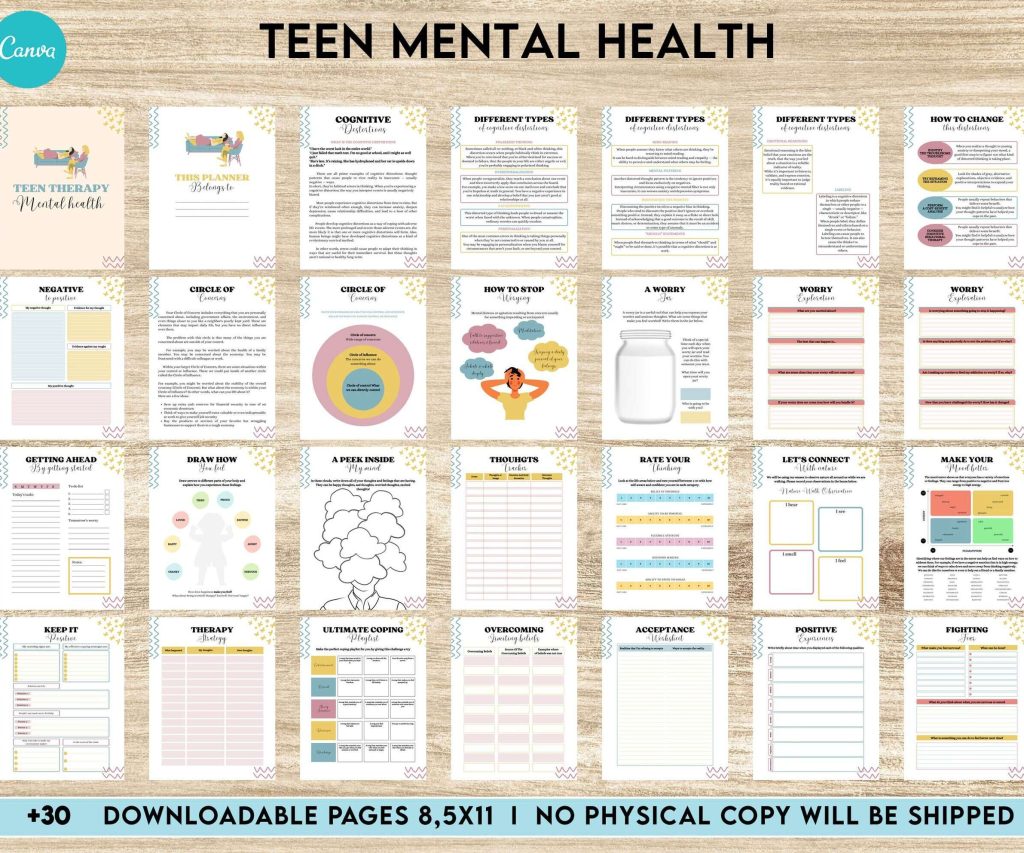 Teen Mental Health, teen therapy journal , teen coping skills, teen Shadow Work, Canva Editable Templates 8,5×11 inch, KDP interior