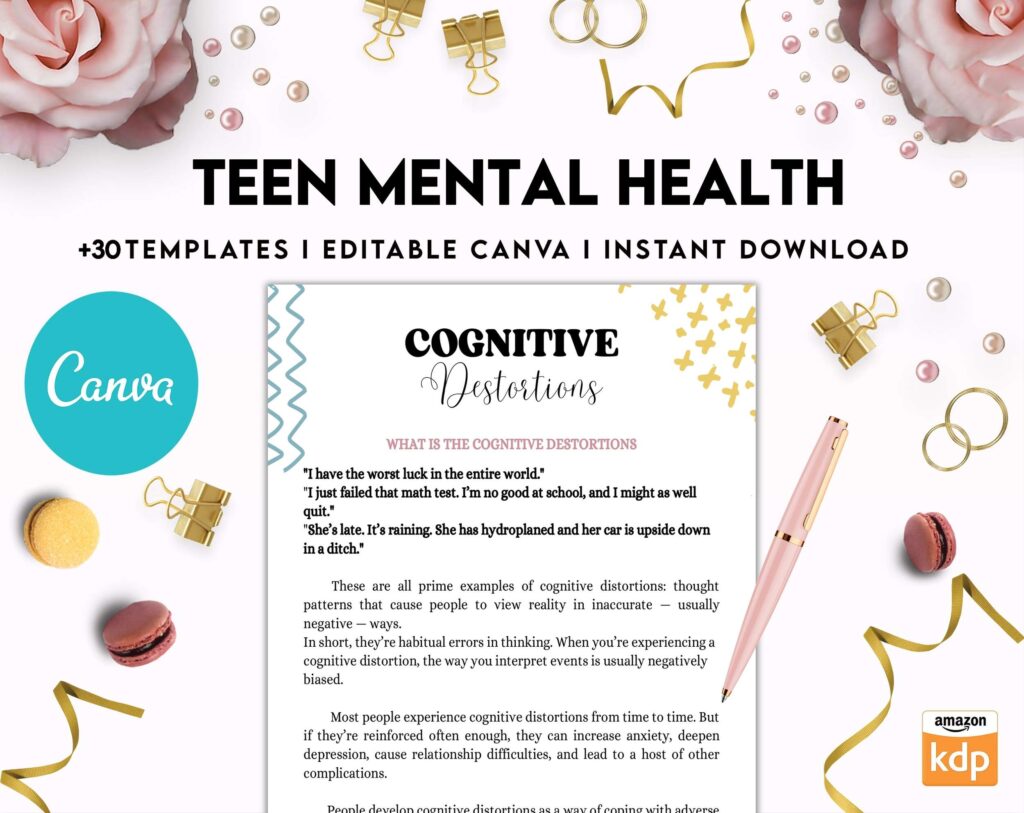 Teen Mental Health, teen therapy journal , teen coping skills, teen Shadow Work, Canva Editable Templates 8,5×11 inch, KDP interior