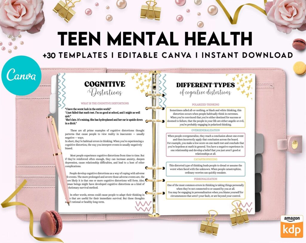 Teen Mental Health, teen therapy journal , teen coping skills, teen Shadow Work, Canva Editable Templates 8,5×11 inch, KDP interior