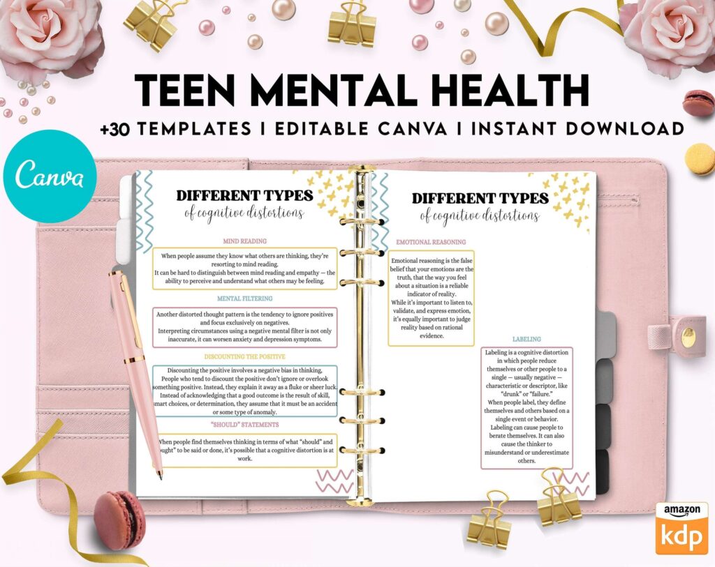 Teen Mental Health, teen therapy journal , teen coping skills, teen Shadow Work, Canva Editable Templates 8,5×11 inch, KDP interior
