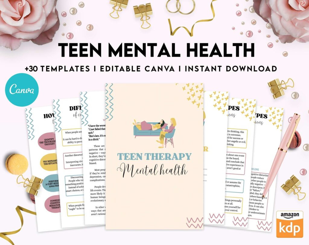 Teen Mental Health, teen therapy journal , teen coping skills, teen Shadow Work, Canva Editable Templates 8,5×11 inch, KDP interior