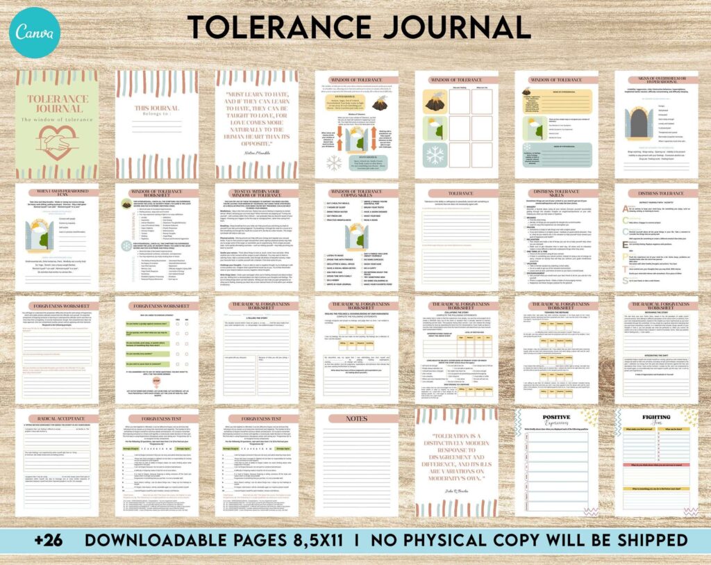 Tolerance Journal, window of tolerance, therapy journal , self discovery, self esteem, Canva Editable Templates 8,5×11 inch, KDP interior