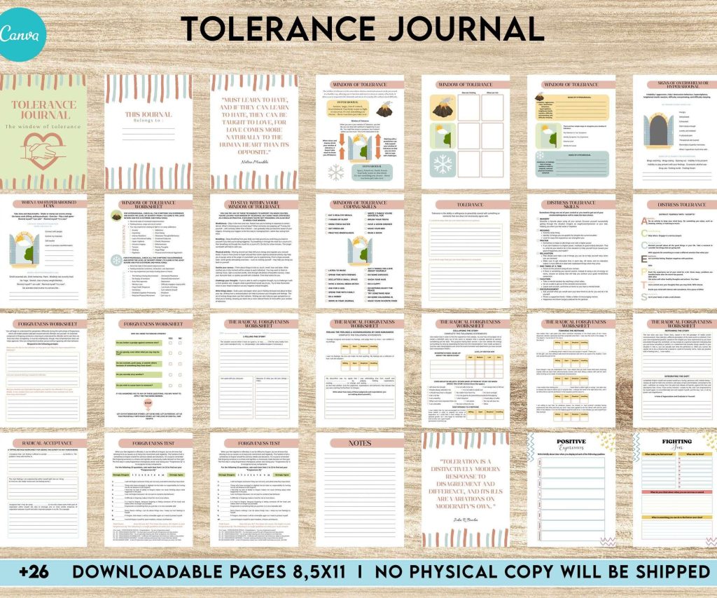 Tolerance Journal, window of tolerance, therapy journal , self discovery, self esteem, Canva Editable Templates 8,5×11 inch, KDP interior