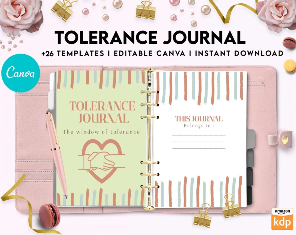 Tolerance Journal, window of tolerance, therapy journal , self discovery, self esteem, Canva Editable Templates 8,5×11 inch, KDP interior
