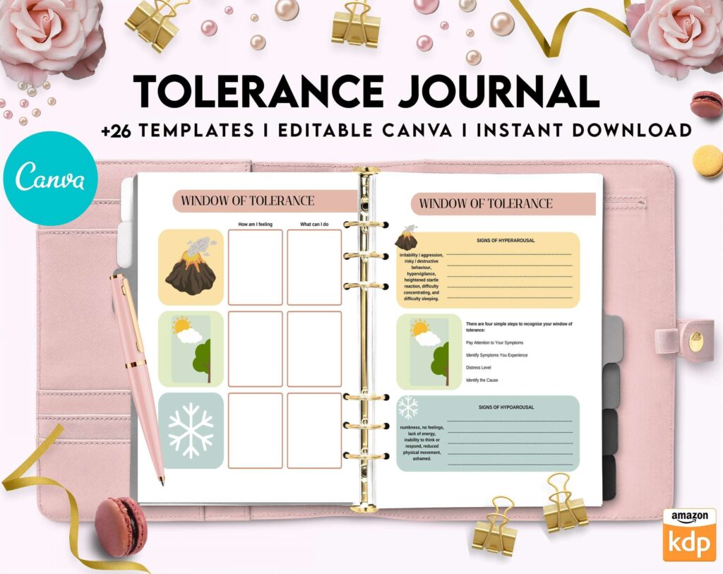 Tolerance Journal, window of tolerance, therapy journal , self discovery, self esteem, Canva Editable Templates 8,5×11 inch, KDP interior