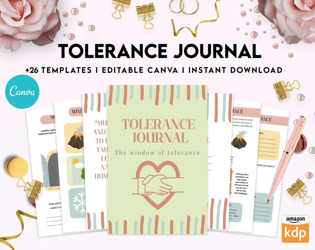 Tolerance Journal, window of tolerance, therapy journal , self discovery, self esteem, Canva Editable Templates 8,5×11 inch, KDP interior