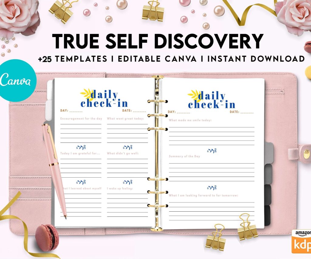 True Self Discovery, self esteem, self love journal , self care journal, manifestation Canva Editable Templates 8,5×11 inch, KDP interior