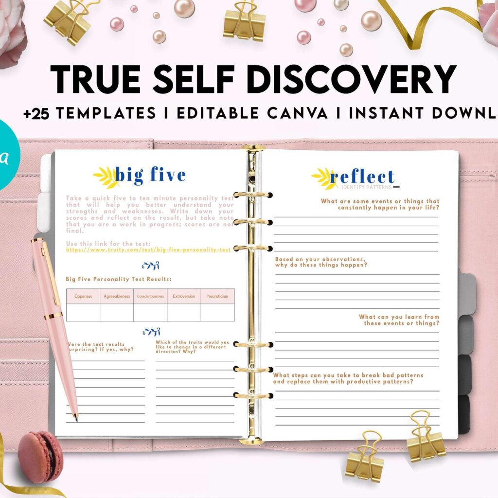 True Self Discovery, self esteem, self love journal , self care journal, manifestation Canva Editable Templates 8,5×11 inch, KDP interior
